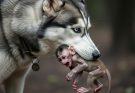 Husky biting a baby monkey – Pity Baby monkey very hurt